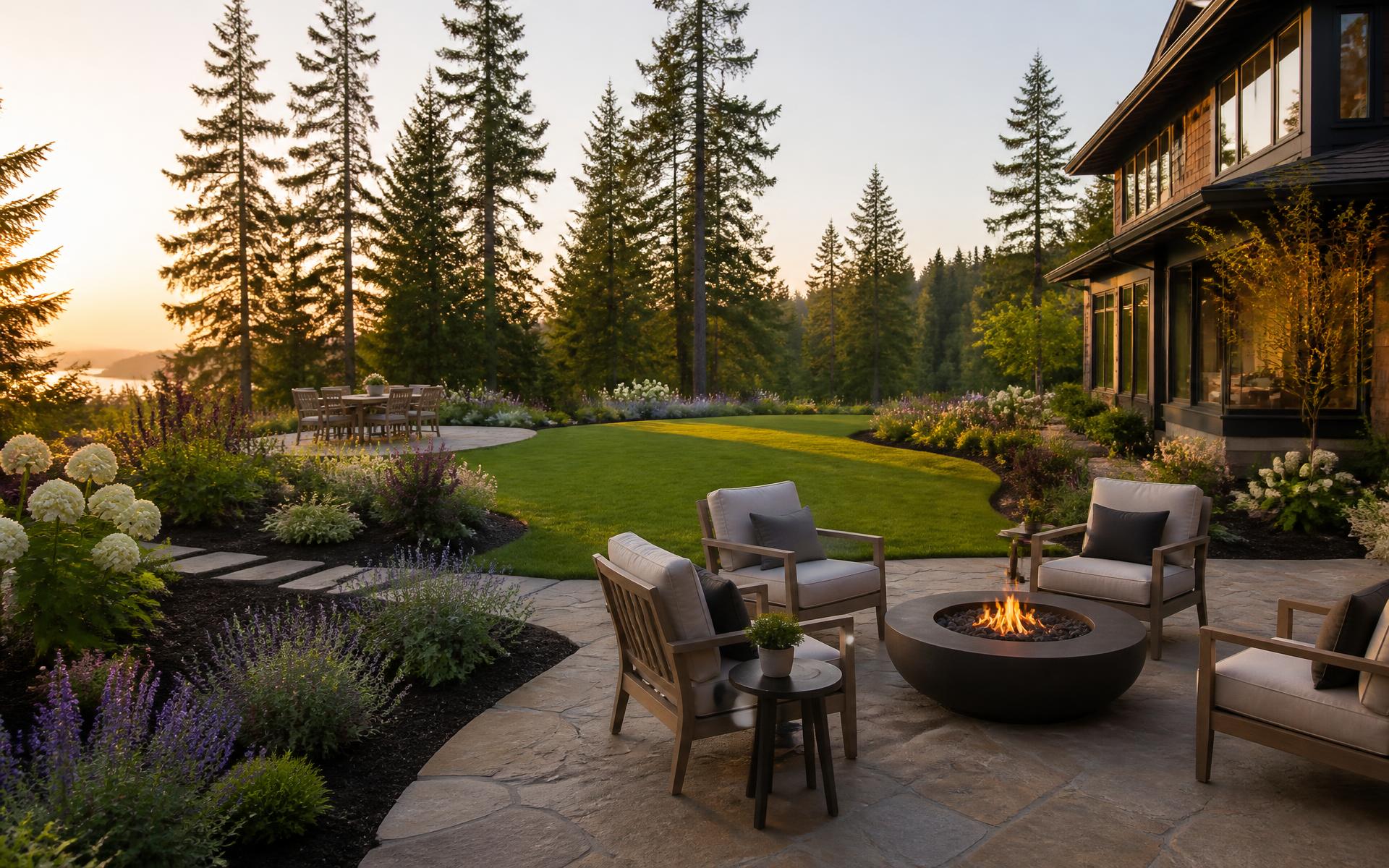 Landscaped Bellevue backyard with stone patio, fire bowl and planted borders at golden hour