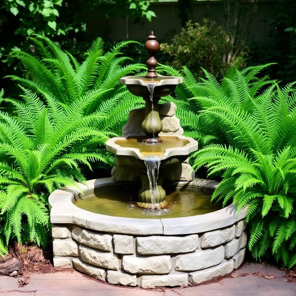 Tiered stone garden fountain surrounded by ferns